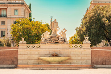 08 08 2025 Rome, Italy - Fontana del Nettuno Neptune Fountain Piazza del Popolo © Kalim
