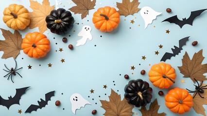Festive halloween flat lay with pumpkins bats ghosts and autumn leaves on a light blue background