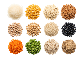 Assorted Grains and Legumes on White Background
