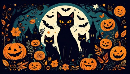 Halloween scene with three black cats, pumpkins, and a full moon