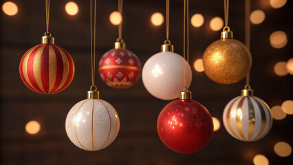 a collection of Christmas ornaments hanging from strings against a warm, dimly lit background