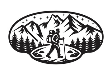 Silhouette illustration presents hiker with backpack walking through mountain forests and stars
