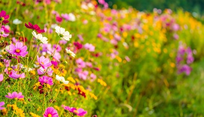 Fototapeta premium A vibrant field of cosmos flowers displays a riot of pinks, whites, and yellows, with soft focus in the background, evoking a sense of summer joy.