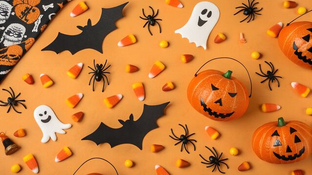Festive halloween flat lay featuring candy corn spooky bats cute ghosts and carved pumpkins on an orange background - Powered by Adobe