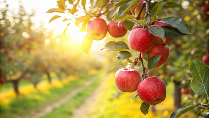 Fototapeta premium Red Apple on tree in garden, Red Apple hanging on tree in natural warm sunlight view