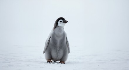 Little Penguin Amidst Icy Plains: A charming close-up of a baby penguin against a snow-covered landscape, capturing the essence of resilience and adorable innocence