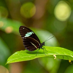 Dark butterfly with white markings rests on a vibrant green leaf against a blurred green background