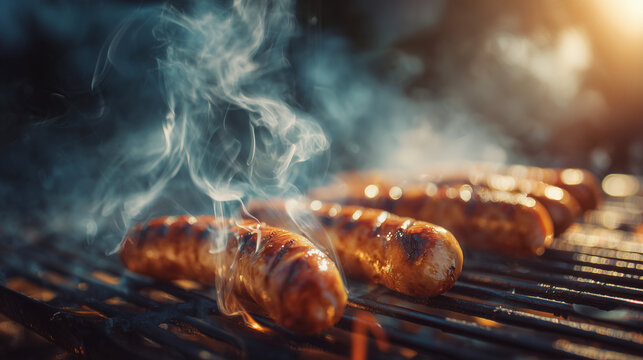 National Sausage Month, grilled sausages sizzling on barbecue grill with smoke rising