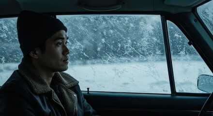 A Moment of Contemplation: A solitary figure in a vintage car gazes through a frosted window as a snow falls. The scene evokes feelings of introspection.
