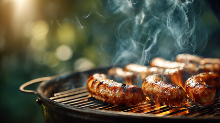 National Sausage Month, grilled sausages sizzling on barbecue grill with smoke rising