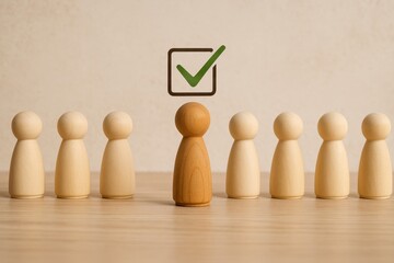 Distinctive Selection: A unique wooden figure stands out from the crowd of uniform peers beneath a symbol of affirmation, highlighting the value of individuality and selection.