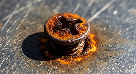 Close-up of rusty screw head on metal surface, showing texture and corrosion details