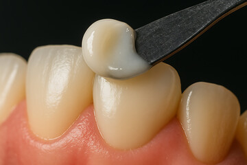 Macro view of dental restoration procedure where composite resin filling is applied onto tooth surface using precision dental instrument.