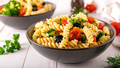 A vibrant pasta salad with spiral pasta, colorful vegetables, and fresh herbs, presented in a dark gray bowl on a white wooden table.
