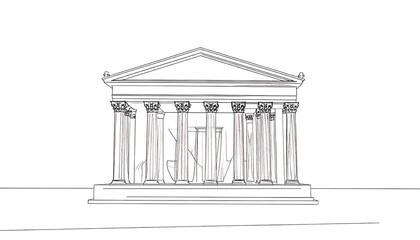 Obraz premium A detailed, architectural line drawing of a classical temple, showcasing its facade with columns and pediment.