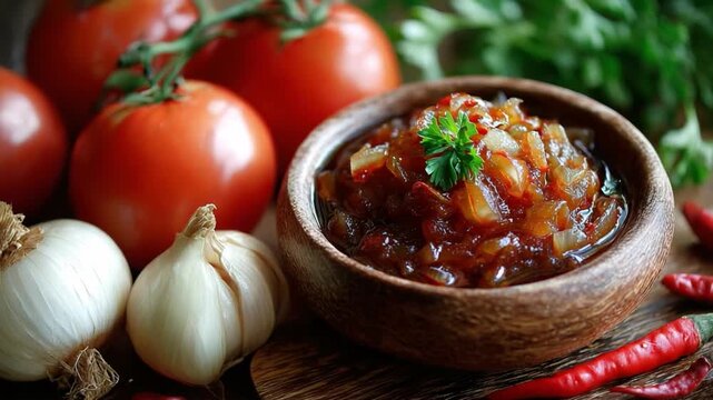 Tomato Onion Salsa Delight: A vibrant culinary composition, showcasing a small wooden bowl filled with appetizing salsa, accompanied by ripe tomatoes, garlic bulbs, and red chili peppers.