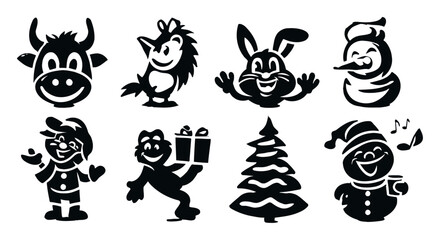 Naklejka premium Set of Black Silhouettes Featuring Fun Characters and Seasonal Icons