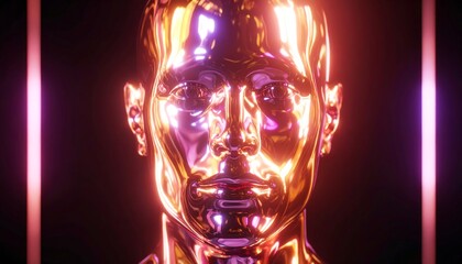 Metallic head, glowing, dark background, vibrant hues