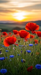 Fototapeta premium Closeup of vibrant red poppies and blue cornflowers in a meadow during a golden sunrise