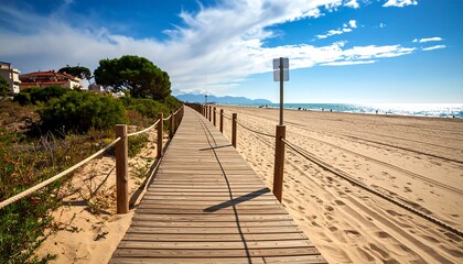Fototapeta premium A sunny wooden walkway leads to a sandy beach, fringed with vegetation and tranquil water.