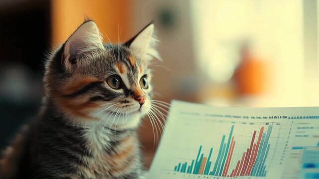 Cat sitting on office desk surrounded by scattered data papers and documents

