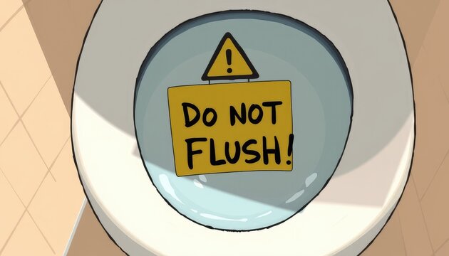 Toilet bowl with a warning sign 'Do Not Flush!' &mdash; illustrated with dramatic lighting, humor concept