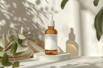 Obraz premium Skincare product mockup with blank label, minimalist glass bottle, soft natural lighting.