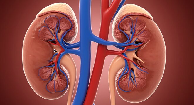 Detailed 3D medical illustration of human kidneys, showcasing internal anatomy, major arteries, and veins.