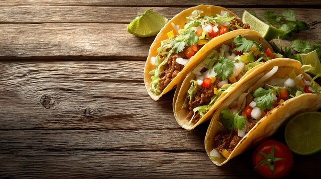 National Taco Day, delicious tacos served on rustic wooden table with fresh toppings