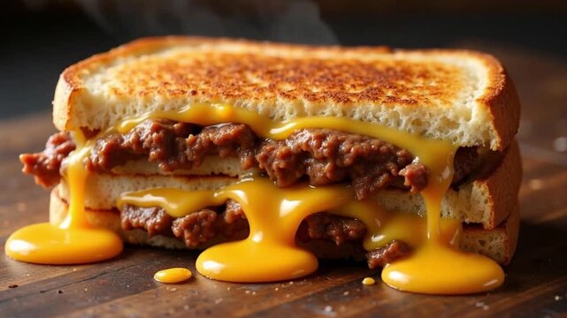 A close up of a sloppy joe sandwich with cheese dripping down the sides on a wooden surface