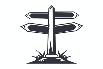Monochrome signpost stands amidst stylized grass blades, featuring two arrow directions and clear backdrop