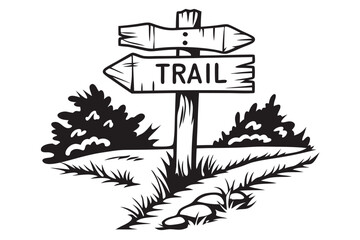 Monochrome trailhead marker sign points the way among the trees and grass showing trail