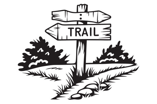 Monochrome trailhead marker sign points the way among the trees and grass showing trail