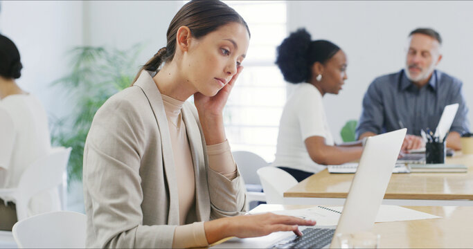Laptop, thinking and bored with business woman in office for project proposal, event manager and burnout. Program schedule, planning and creative agency with exhausted person for tired coworking idea