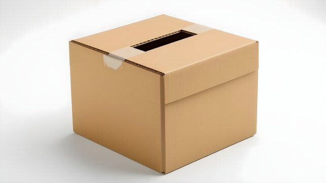 Cardboard donation box with slot for contributions on white background, concept of giving