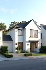 Fototapeta premium A contemporary two-story house exterior with white walls, black tiled roof, and a small balcony. Elegant modern minimalist architecture with large windows and clean landscaping design. Perfect for rea