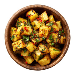 Spicy roasted potato cubes garnished with herbs and chili in wooden bowl isolated on white transparent background, concept of hot vegetarian street fast food