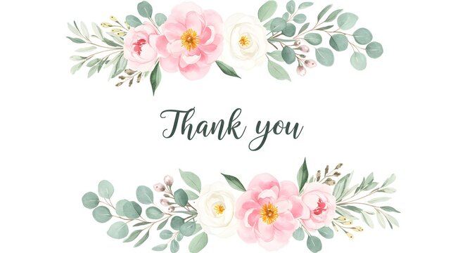 Watercolor floral illustration, a charming "Thank you" card designed with beautiful top and bottom floral borders of pink peonies and white roses.