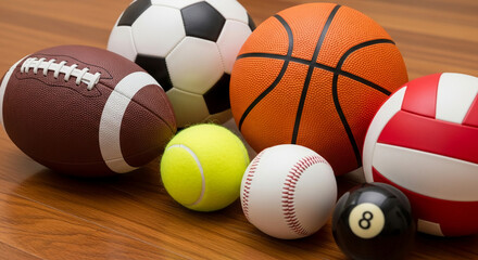 A collection of various sports balls including a football, soccer ball, basketball, volleyball, tennis ball, baseball, and billiard ball.