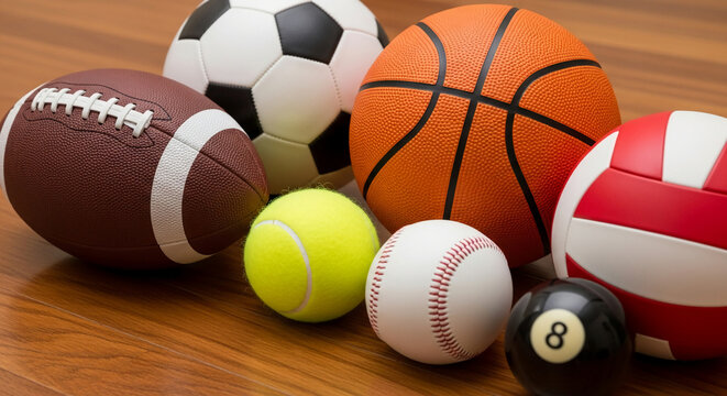 A collection of various sports balls including a football, soccer ball, basketball, volleyball, tennis ball, baseball, and billiard ball. - Powered by Adobe
