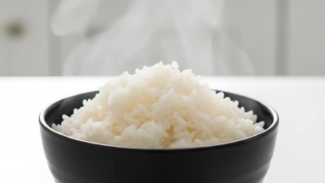 A bowl of steaming white rice sits on a table