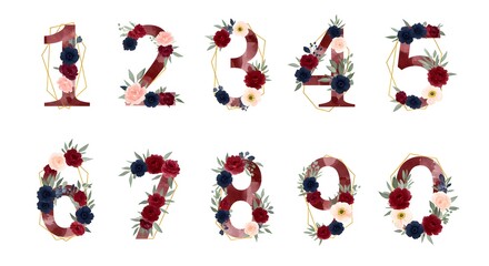 Watercolor floral illustration, a complete set of elegant numbers from 0 to 9, each decorated with a golden geometric frame and beautiful burgundy and navy flowers.