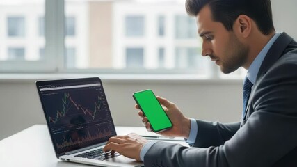 A focused businessman analyzes financial data on a laptop and smartphone while working in an office environment - Powered by Adobe