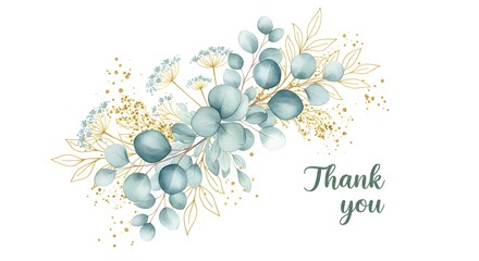 Watercolor floral illustration, a stylish thank you card with a beautiful arrangement of eucalyptus leaves, accented with gold leaves and glittery splatters.