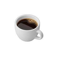 Obraz premium A white ceramic cup filled with dark black coffee, featuring a small layer of foam on top, isolated on a clean white background.