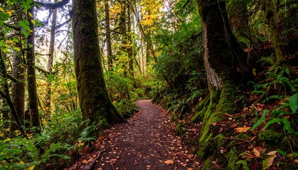 Fototapeta premium A pathway meanders through a lush forest, dappled with sunlight, showcasing the vibrant autumn foliage and mossy forest floor.