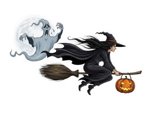 Fototapeta premium Witch flying on a broomstick with a pumpkin lantern and ghost isolated on transparent background