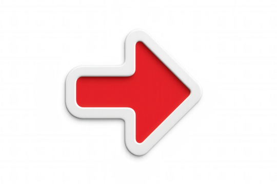 White-bordered red arrow directing rightward, signaling movement, progress, or navigation on transparent backdrop