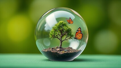 A glass orb containing a miniature tree and butterfly on a green background, representing ecological balance.