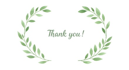 Watercolor floral illustration, a lovely thank you card design where the text is encircled by a delicate wreath of green leaves.